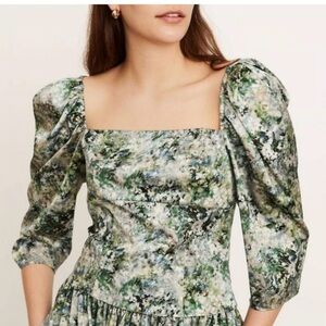 Vince Green and Gray Floral Puff Sleeve Blouse